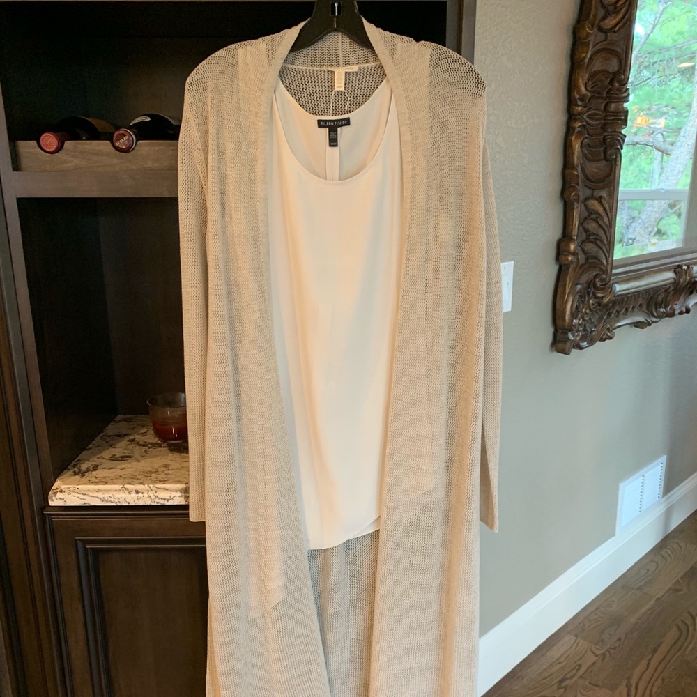 Eileen Fisher silk asymmetrical top/mesh duster.
